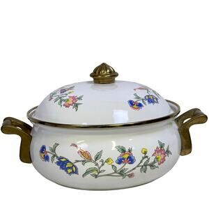 Regency Club Enamelware Vintage 2 QT Floral Dutch Oven Casserole Brass Handles